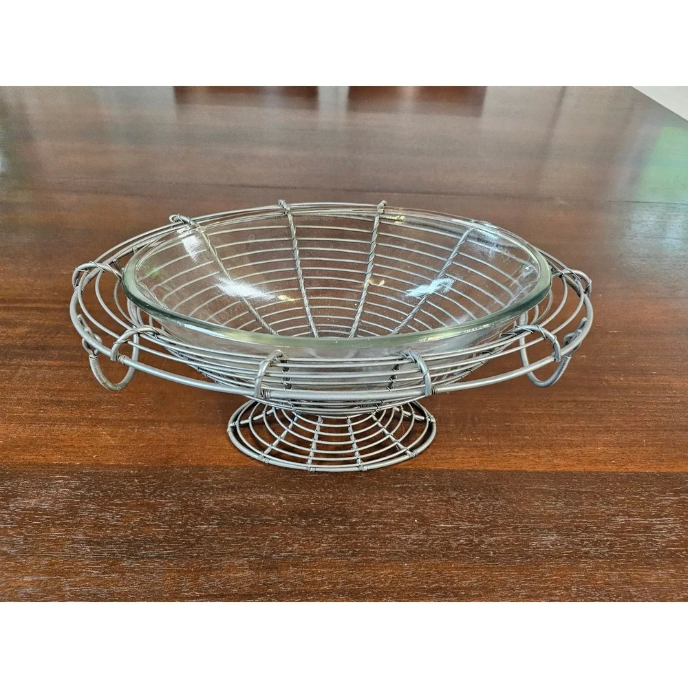 Wire Fruit Bowl Centerpiece Home Decor Silver Metal Glass Insert